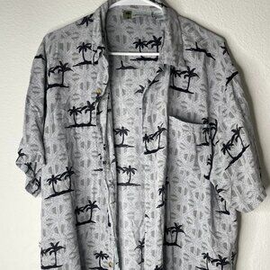 Island Blue Men's Gray Hawaiian Short Sleeve Shirt - Black Palm Tree Print Large